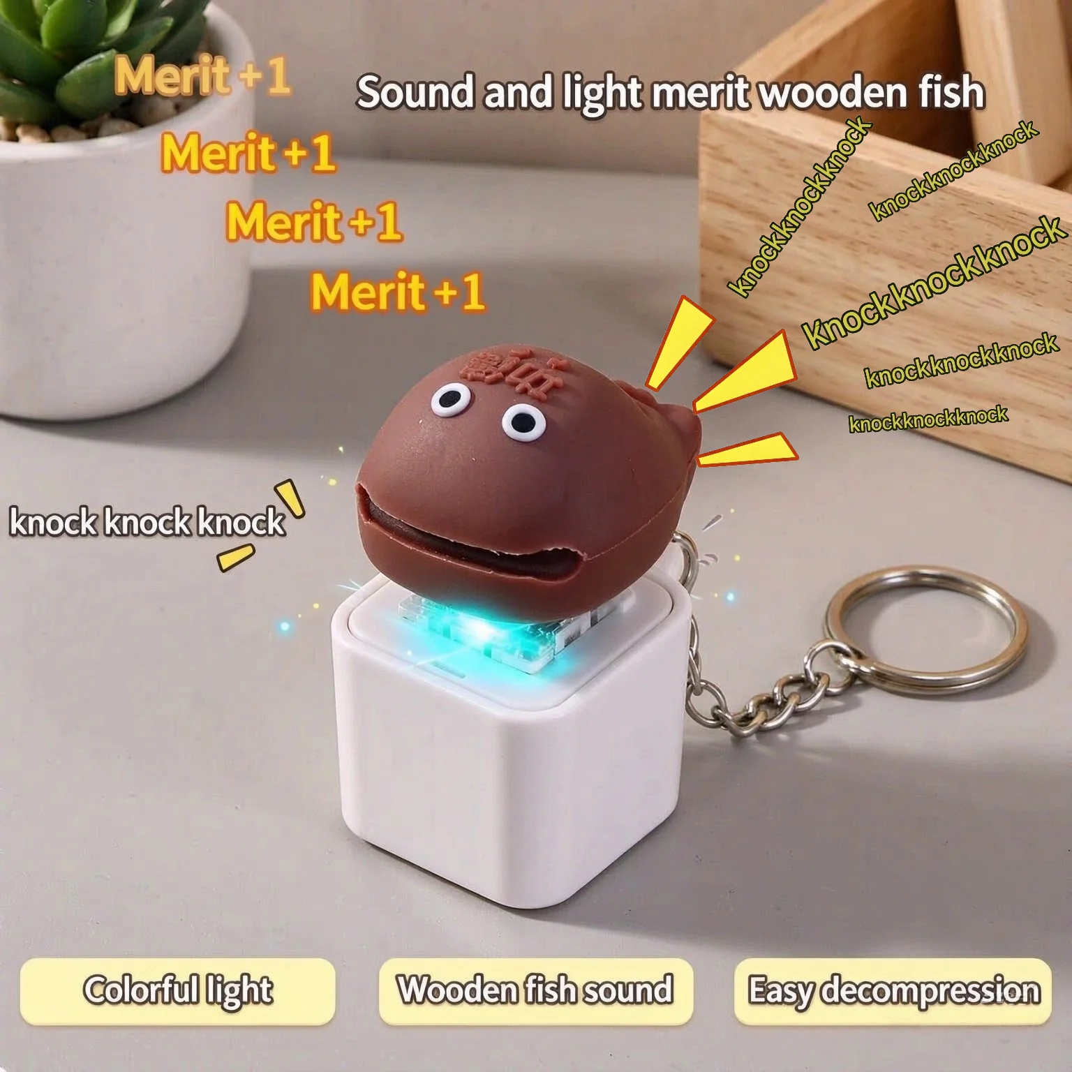 Creative Luminous Wooden Fish Keycap Clicker - LED Light & Sound Keyring Decompression Fidget Button PendantFunny Bag Charm Gift