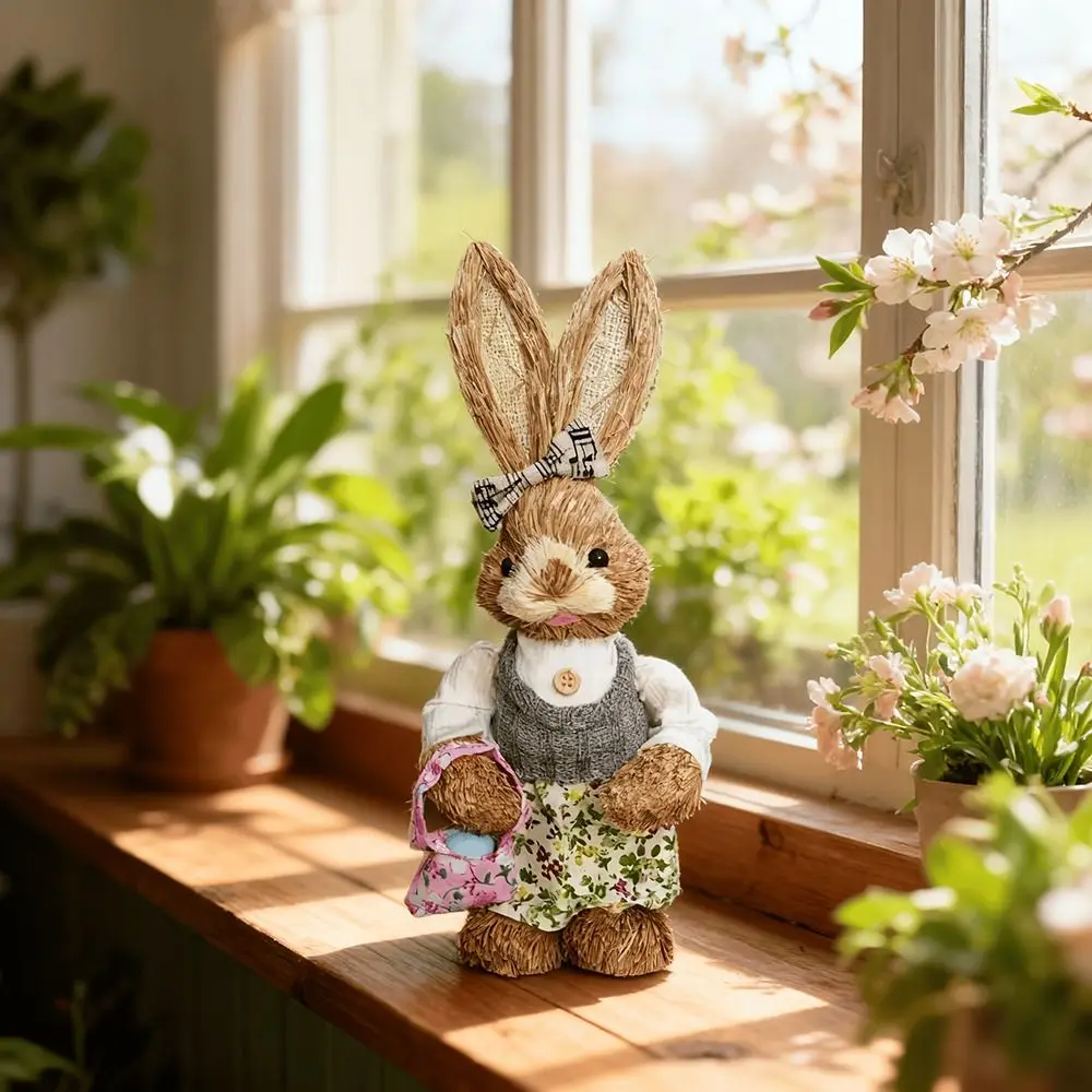 35cm Size Easter Straw Rabbit Realistic Design Country Retro Style Woven Bunny Handmade Craft Exquisite Hand Gifts Straw Rabbit