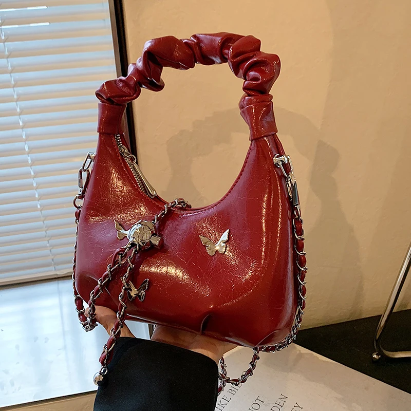 Retro Burgundy 3D Butterfly Decoration  Women\'s Crossbody Bag 2024 New Ladies Zipper Chain Pleated Handbag Elegant Shoulder Bags