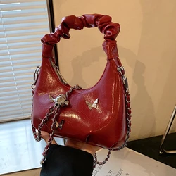 Retro Burgundy 3D Butterfly Decoration  Women's Crossbody Bag 2024 New Ladies Zipper Chain Pleated Handbag Elegant Shoulder Bags