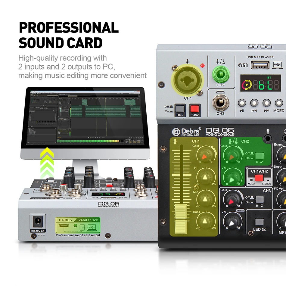 Debra Audio Professional Audio Interface Sound Card 24bit 192K High Quality Recording Studio 48V BT5.0 Reverb DSP Mixing Console