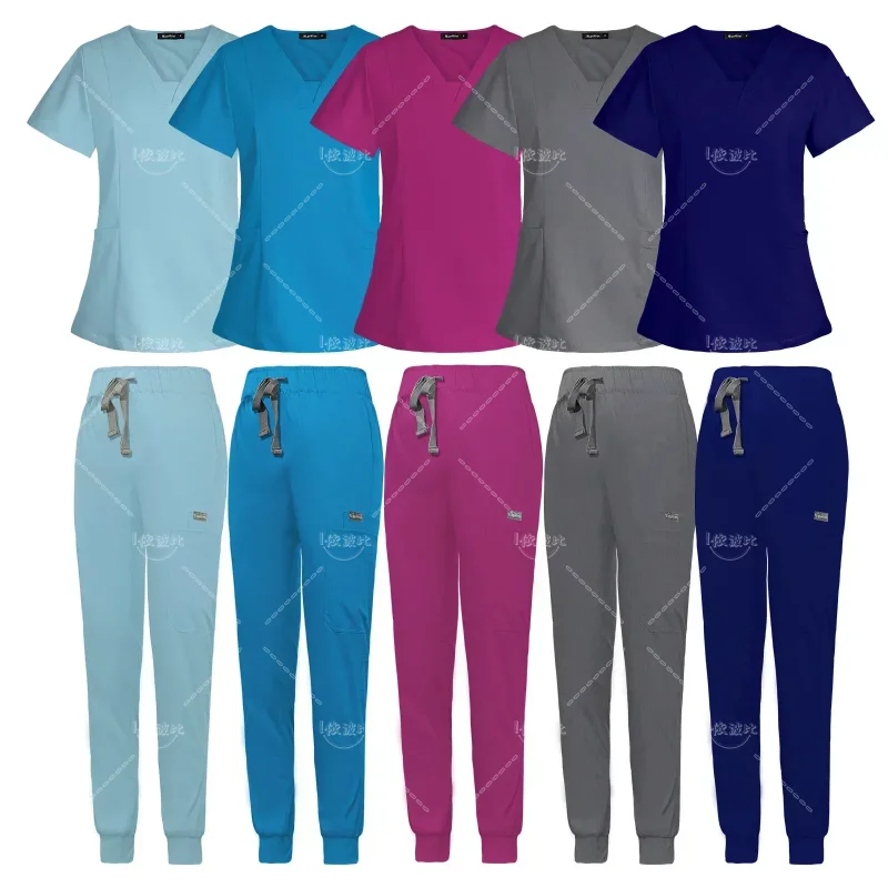 New Short Sleeve Scrubs Top with Pocket Pants Medical Nurse Uniforms Doctor Surgery Overalls Spa Outwear Beauty Salon Workwear