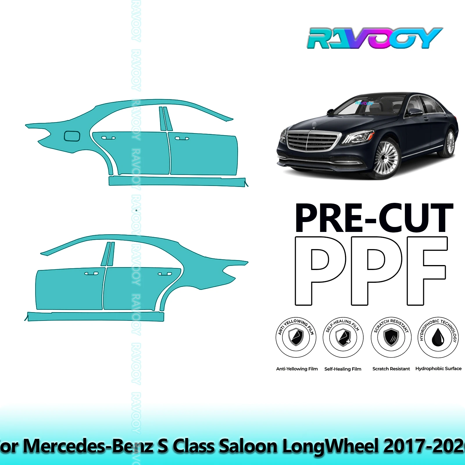 

For Mercedes-Benz S Class Saloon LongWheel 2017-2020 8.5mil Pre-Cut PPF Door & A/B Pillar Kit TPU Paint Protection Film Set