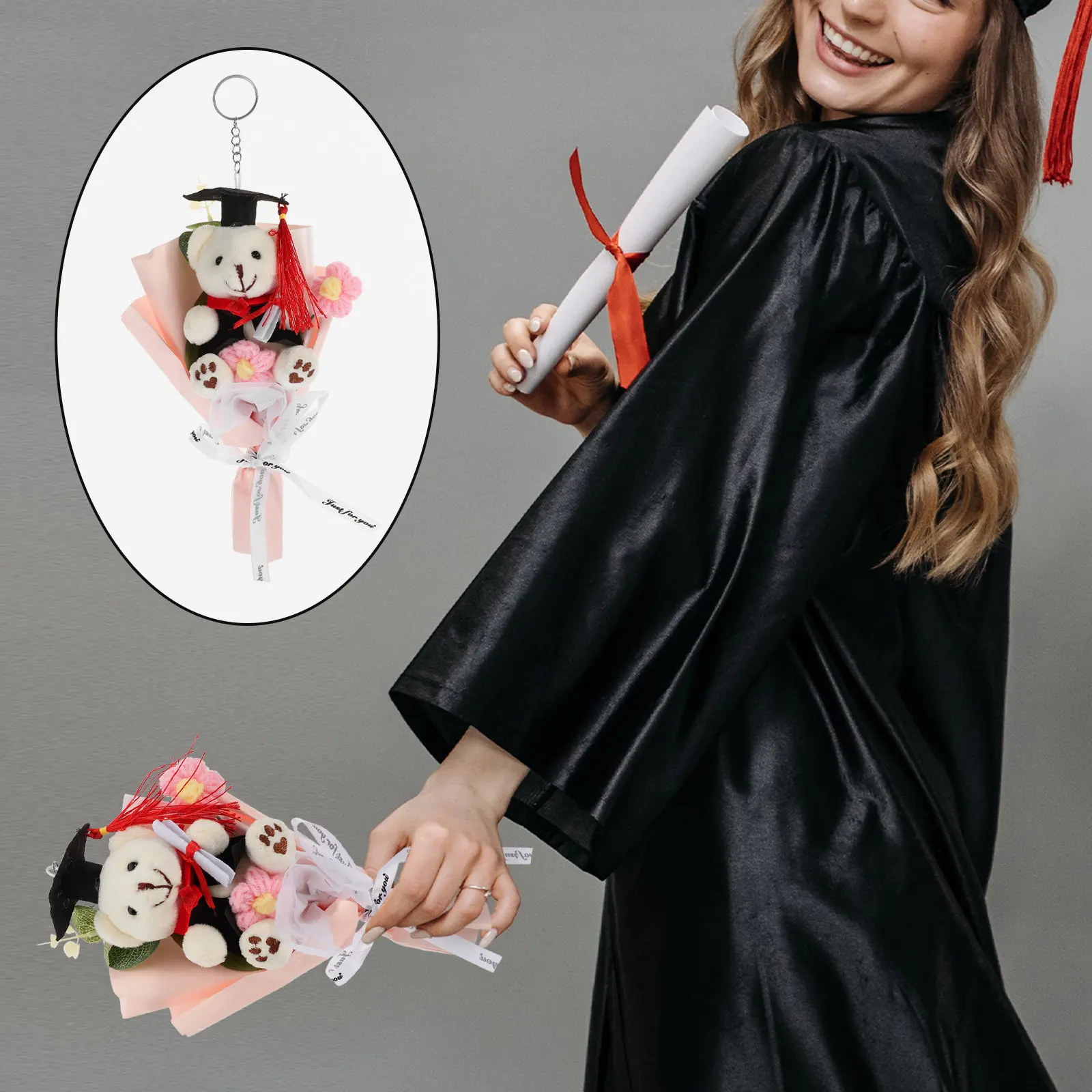 

Шикарный букет с медведем на выпускной: вязаный медведь ручной работы с искусственными цветами, идеально подходит для украшения выпускного вечера, отличная идея для подарка.