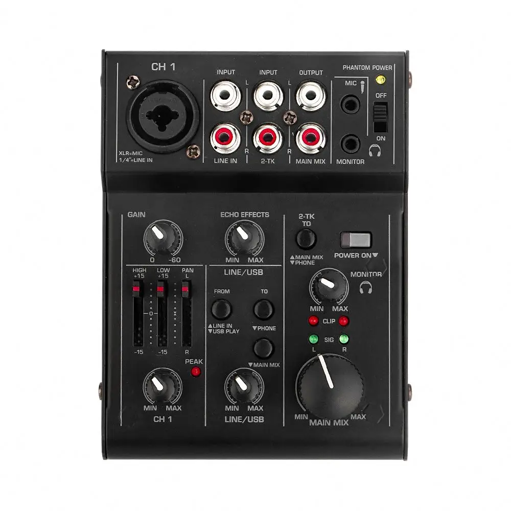 

Mini mixer 5 channel Mic-Line mixer built-in echo effect digital audio live singing recording sound card mixer USB Powered