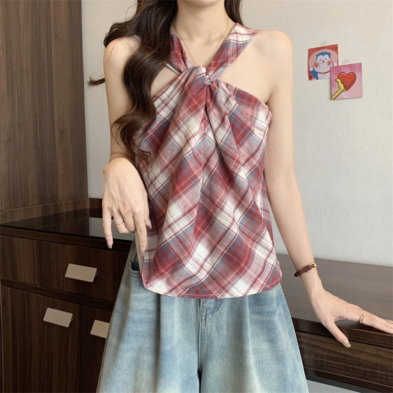 Women Summer Vintage Fashion Plaid Temperament Cotton All-match Camisole Women Clothes Knitting Appear Thin Fashionable Tops