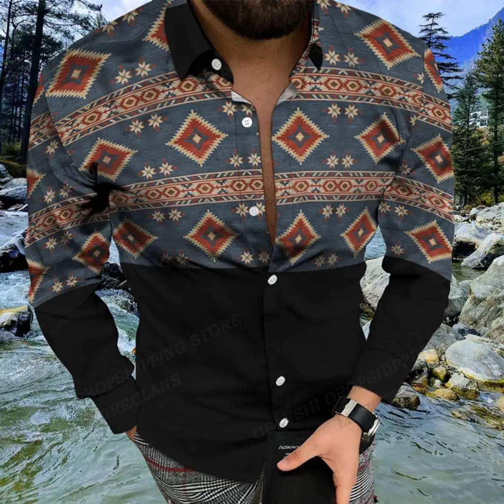 Long Sleeve Hawaiian Shirts Men Fashion Shirt Ethnic Blouses Cuba Beach Blouse Turn Over Collar Camisas Daily Shirt Male Clothes