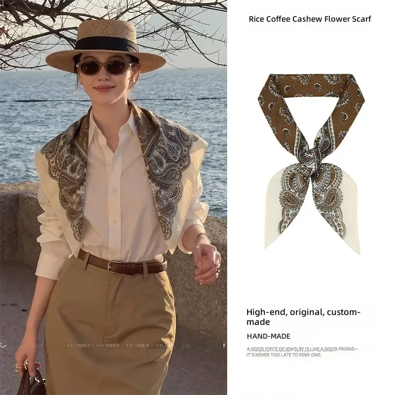 2026 Old Money Wind Brown Cashew Flower Silk Scarf Shawl Cotton Silk 70 Square Neck Scarf