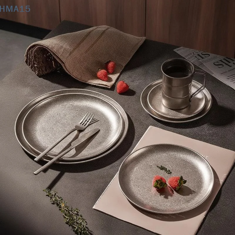 【YA】Food Grade Stainless Steel Vintage Plates Classical Western Serving Tray for Camping Picnic Decor
