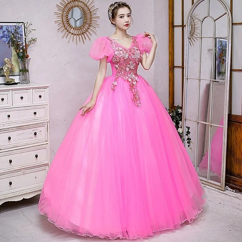 Lantejoulas Apliques Vestidos Quinceanera, Puff mangas curtas, Prom Party Gown, Vestes até o chão, rosa quente, 15