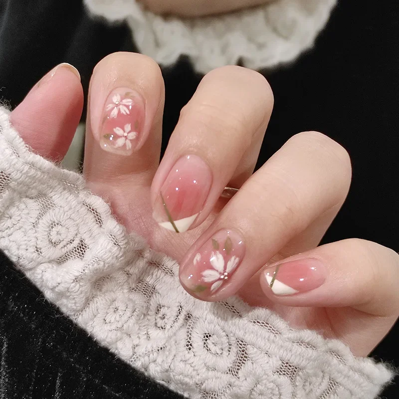 24Pcs/Set Berry Gradient Wearable False Nails Full Coverage French Fake Nail Tips Removable Acrylic Press on Nails Art Finished