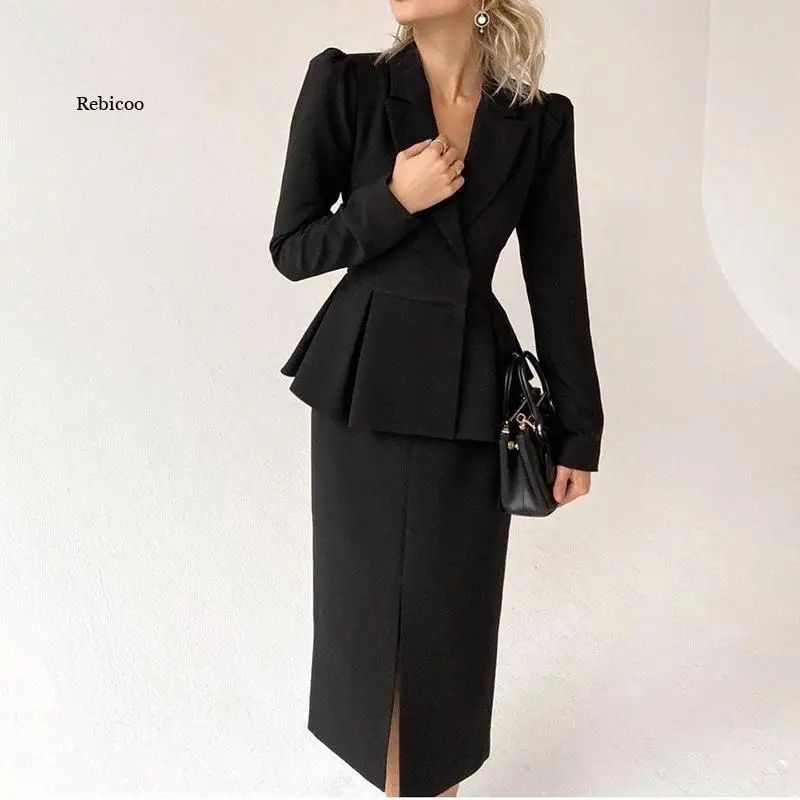 2022 New Spring Autumn Womens Skirt Suits Stylish Elegant Lady Blazer Hip Wrap Slit Skirt Suit Interview Professional Wear