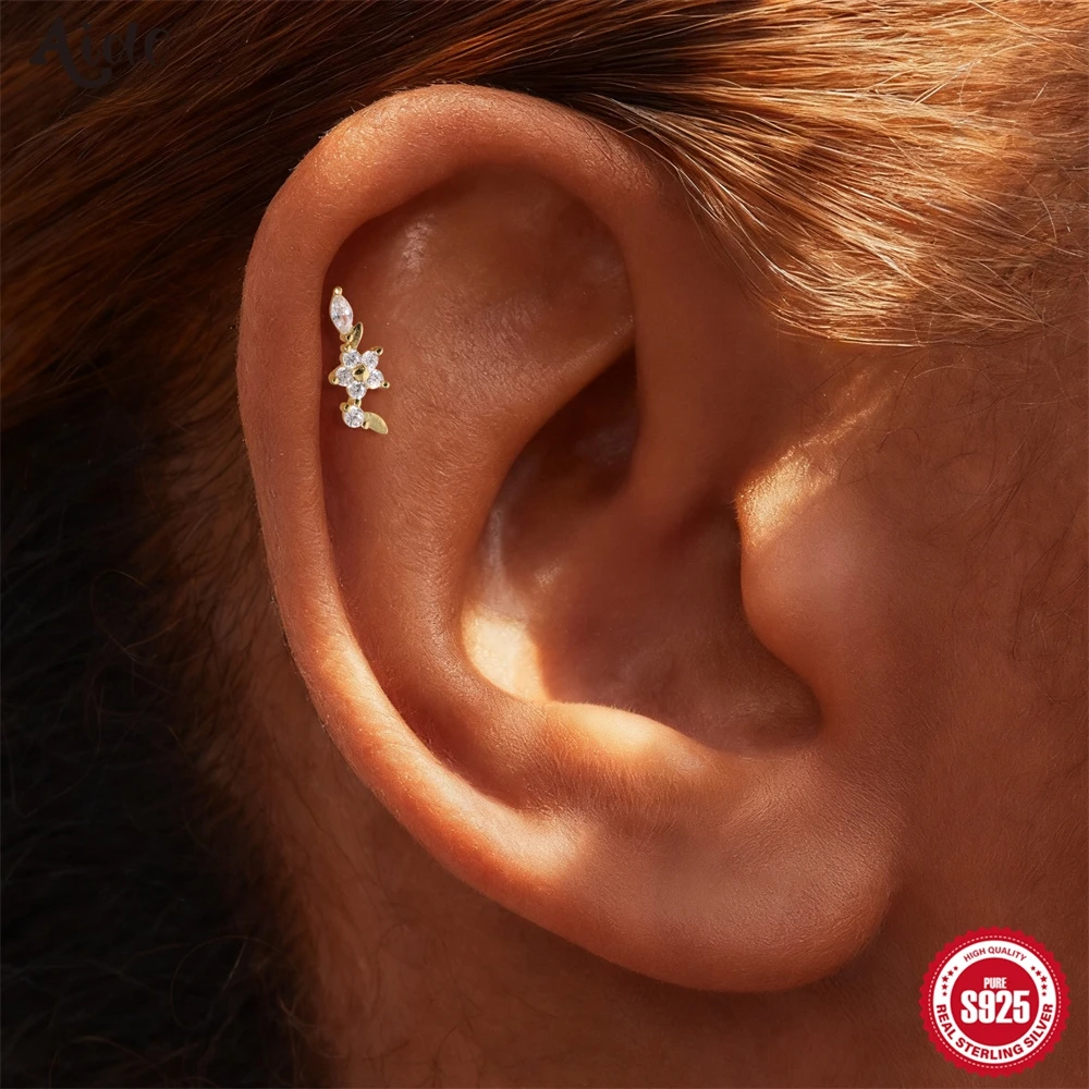 Aide S925 Sterling Silver Delicate Piercing Earring Unique Dainty Cartilage Stud for Women Ear Stacking Hypoallergenic Jewelry