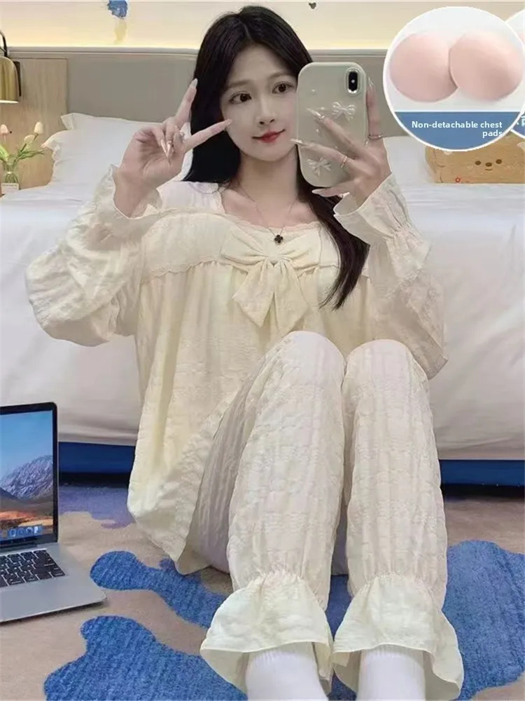 

Women's Long Sleeve One-Piece Sleepwear Set with Chest Pad Sweet Princess Style Home Clothes Spring Autumn Winter New Arrival