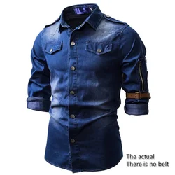 2024 nova camisa de lapela jeans masculina moda casual macacão diário botão manga longa fino roupas masculinas