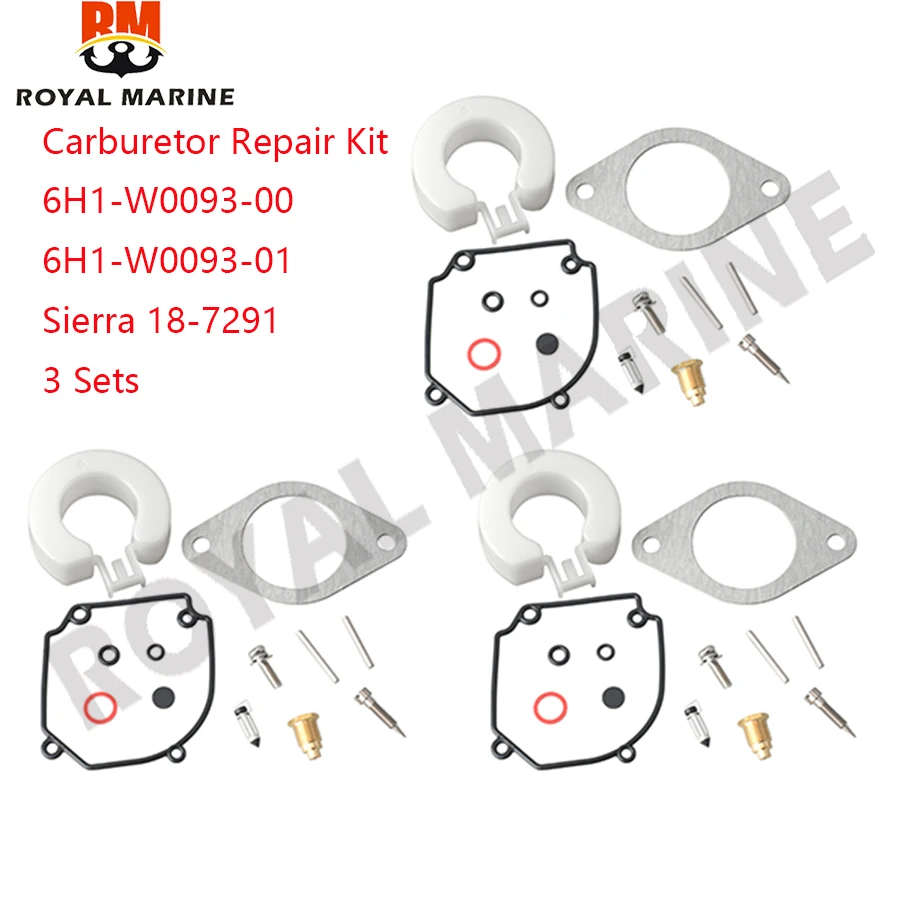 6H1-W0093-01 6J8-W0093 Carburetor Repair Kit 3 Set For Yamaha Outboard Motor 2T 25 30 75 80 90HP Sierra 18-7291 6H1-W0093
