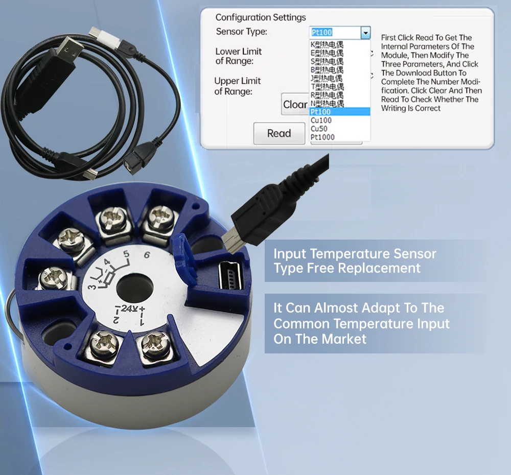 Programmable Thermocouple K J PT100 to 4-20mA Converter TC RTD Input 4-20mA Output Head-mounted Temperature Transmitter