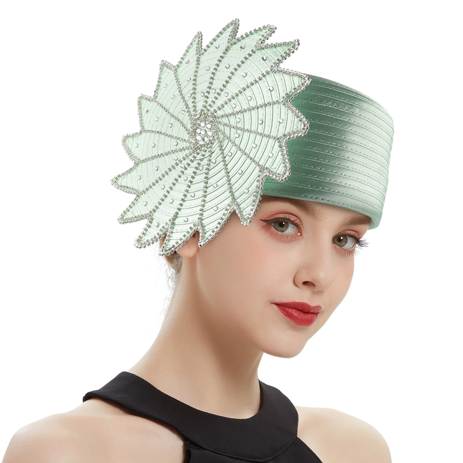 

Fancy Satin Cloth Church Hat Elegant Top Hat Female Banquet Fascinator Formal Hat Muslim Hijab Turban Cap Bonnets Beanie Female