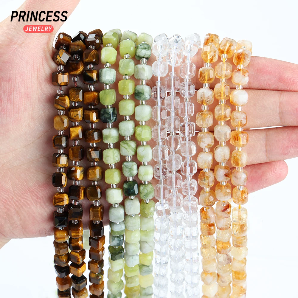 A+ Natural Citrine Sugar Cube Faceted Loose Beads for Jewelry Making White Quartz Yellow Tiger Eye Qinghua Jade