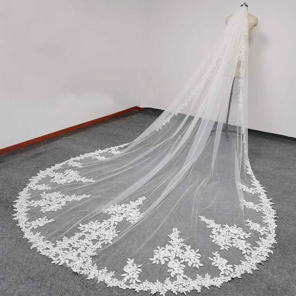 Real Photos Beautiful Lace Wedding Veil 4 Meters Long One Layer Bridal Veil with Comb White Ivory Bride Veil Wedding Accessories