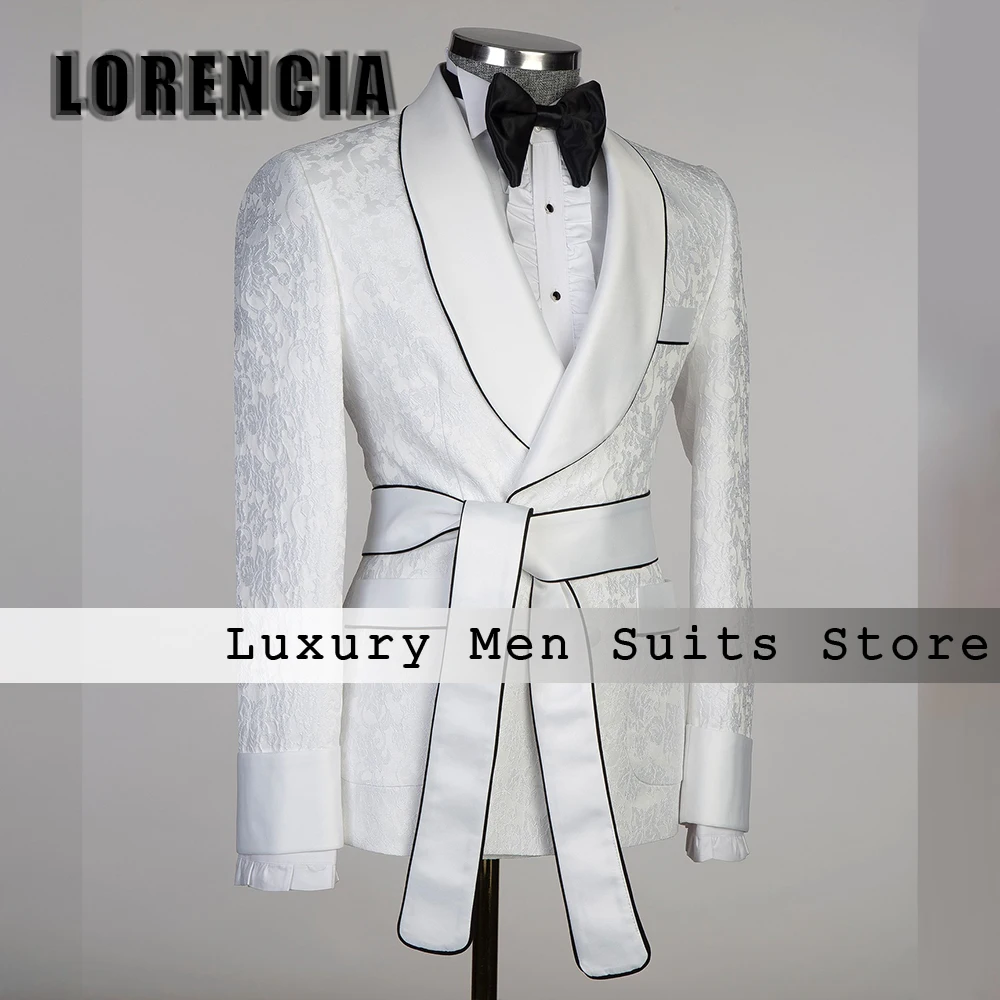 

Simple Jacquard Men Suits 2 Pieces Double Breasted Tuxedos with Belt Wedding Party Outfit Customized Blazer Pants ropa hombre