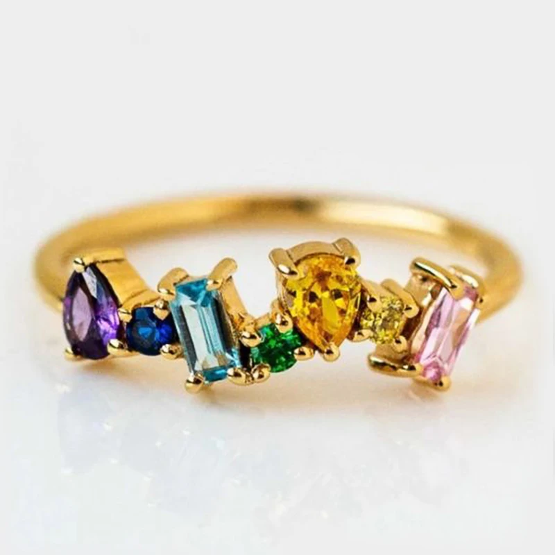 CAOSHI Geometric Shape Zirconia Ring for Wedding Ceremony Lady Aesthetic Rainbow Colored CZ Finger Accessories for Engagement