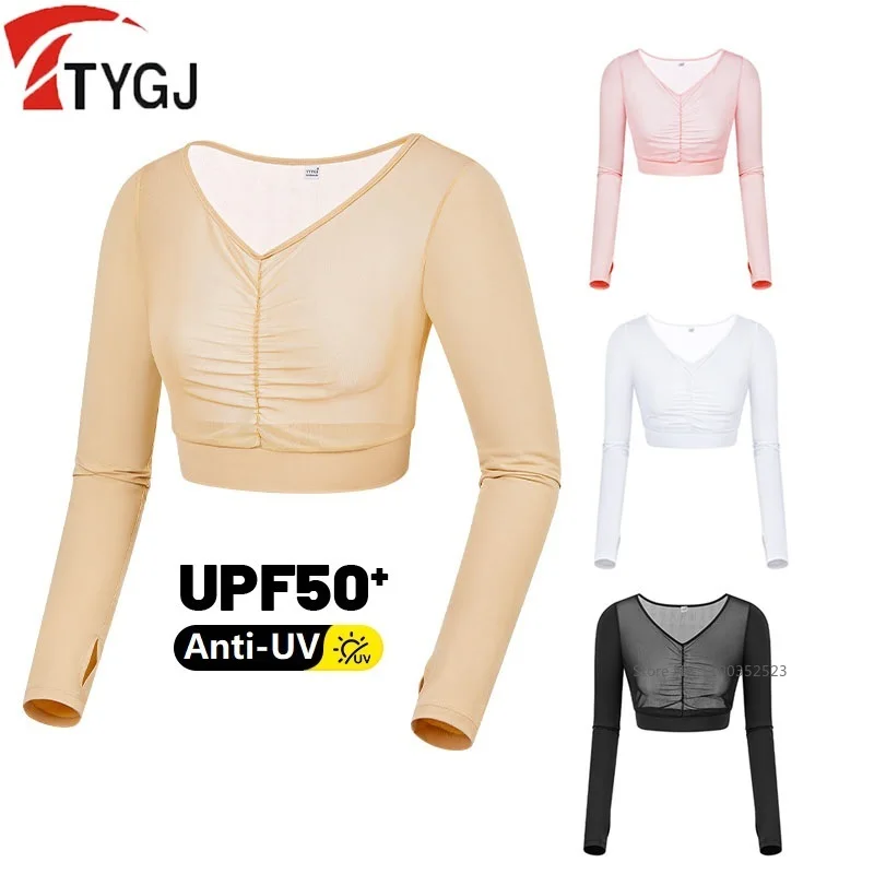 TTYGJ Women V-Neck Golf Underwear Ice Silk Cooling Long Sleeve Shirts Sunscreen Thin Golf Crop Tops Skin Friendly Base T-Shirt