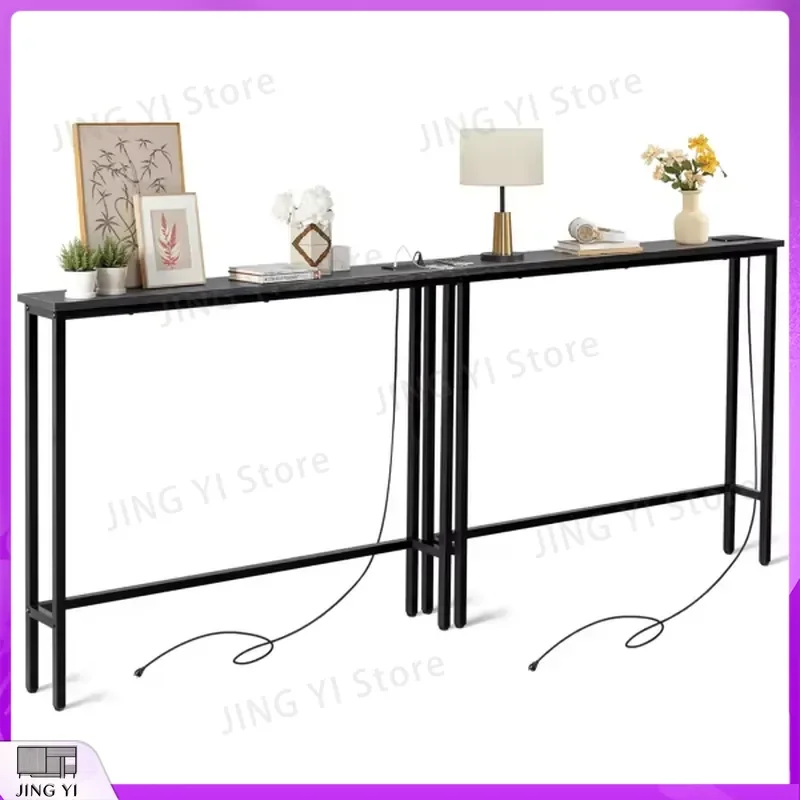 2-Piece Narrow Console Sofa Table 39.4 Inch with Power Socket USB Port Metal Frame Living Room Couch Table Home Office Desk