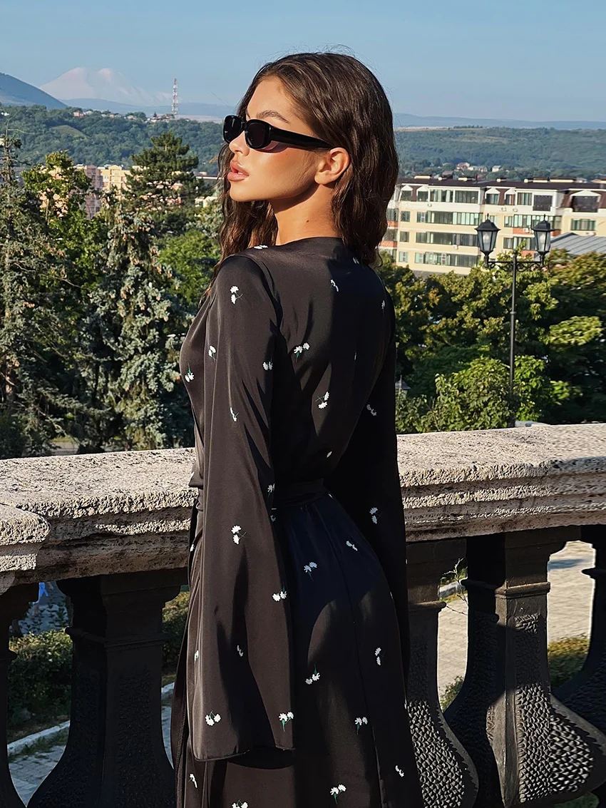 Marthaqiqi Printing Women Sleepwear Long Sleeve Pajamas Sexy V-Neck Nightwear Lace Up Nightie Ankle-Length Dress Ladies Pyjamas