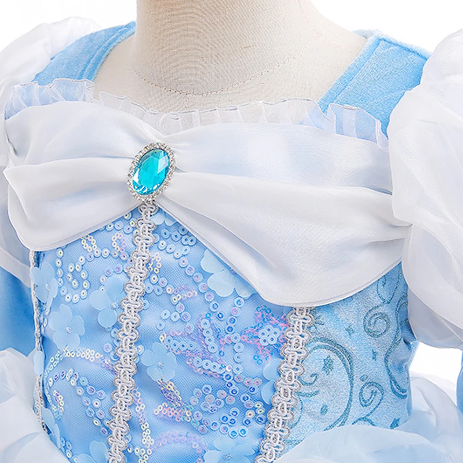 Cinderella Dress for Girls Long Sleeve Princess Costumes Cosplay Blue Sequin Children Bithday Surprise Kids Ball Gown