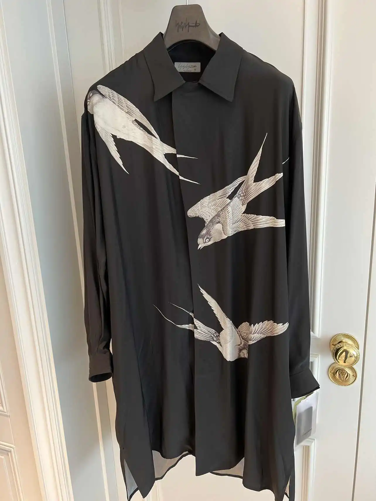 TOP-YAMAMOTO original Design print three swallows Black silk long-sleeved shirt dark