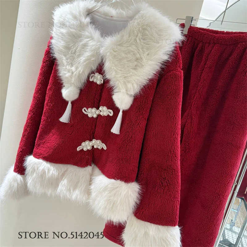 

Autumn Winter Flannel Women's Pajamas Set Sleepwear Christmas Gift Pijamas Lounge Wear Burgundy Cute New Year Homewear Pyjama