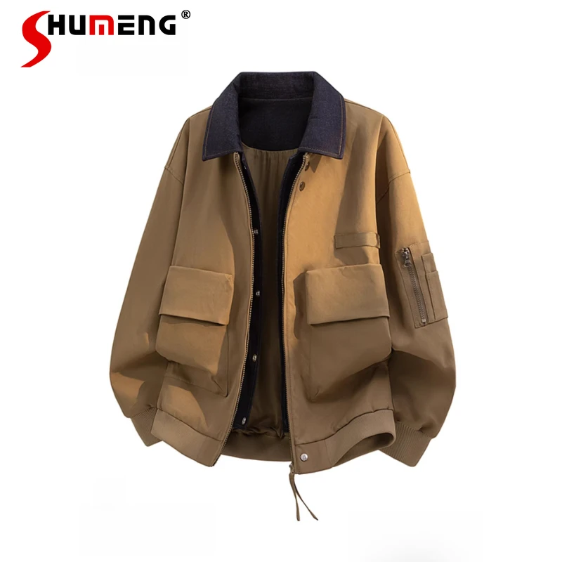 

2026 Spring Autumn New Faux Two-Piece Tooling Jackets Men's Trendy Lapel Fashion Jackets Pocket Decoration Zipper Handsome Coats
