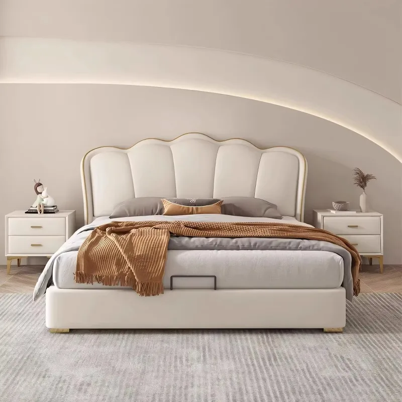 Top‑Grain Leather French Petal Upholstered Bed, Modern Cream Style Double Bed Frame for Master Bedroom Home Furniture