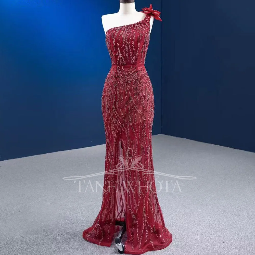 Vestido de noche rojo con un solo hombro, espalda con cordones y tren desmontable, vaina de lentejuelas, vestido de noche lujoso personalizable para mujer