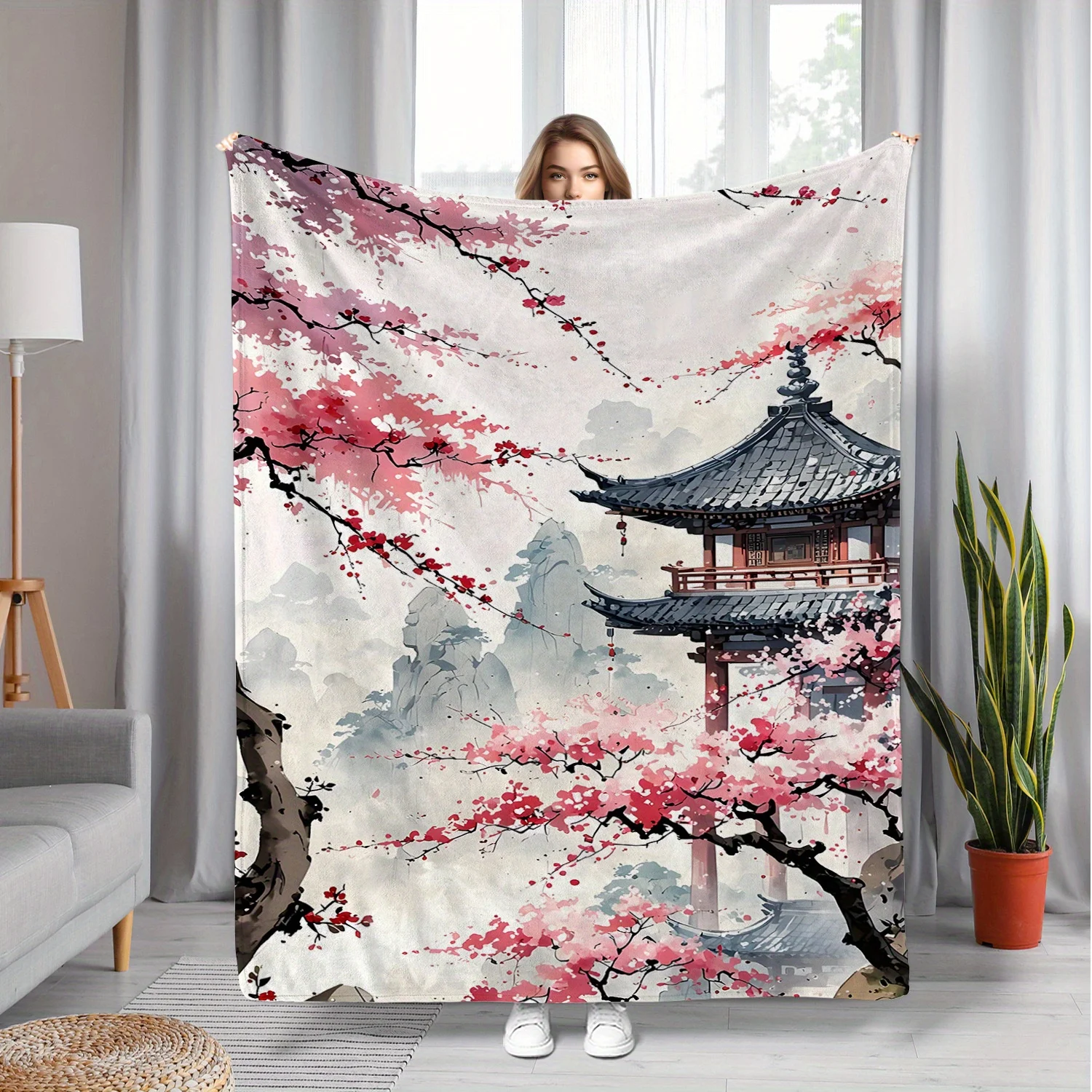 Ultra-Soft Flannel Throw Blanket with Chinese Landscape Design,Versatile for Couch, Bed, Travel & Office Use, Lightweight & Warm
