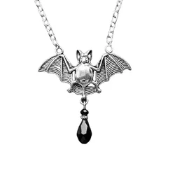 Fashion Vintage Gothic Hip Hop Rock Punk Bat Pendant Necklace with Black Cabochon for Women Men Party Halloween Jewelry Gift