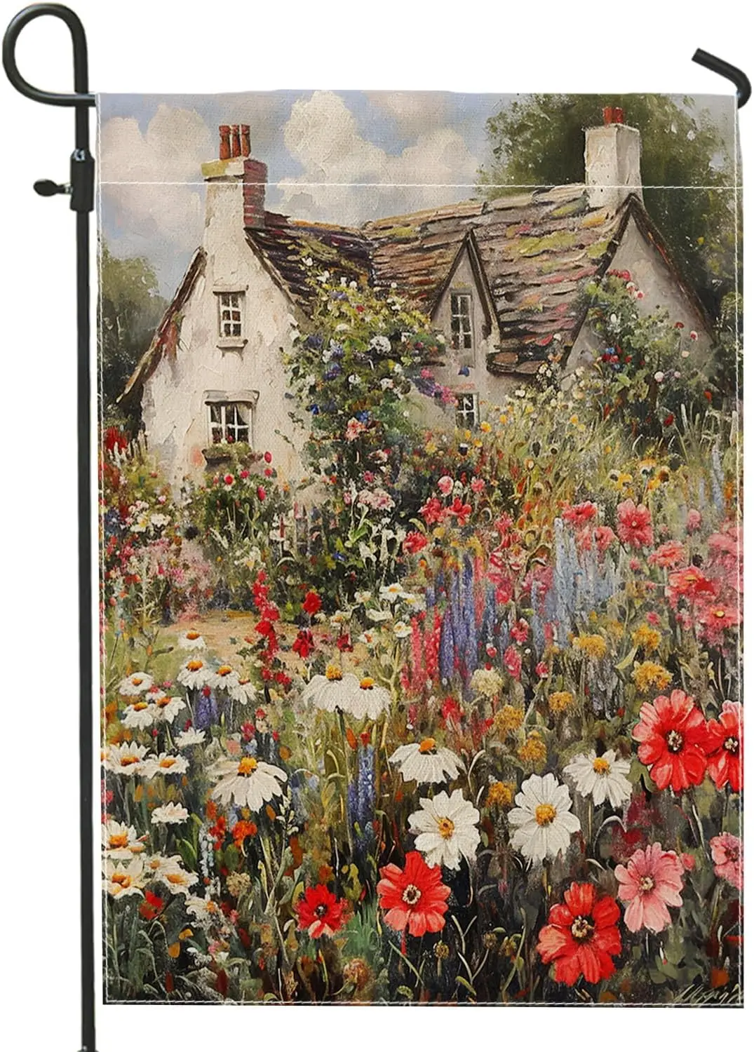village garden flag French country euro rustic cottage core daisy flower oil art brown linen vertical Standard Size party de zzo