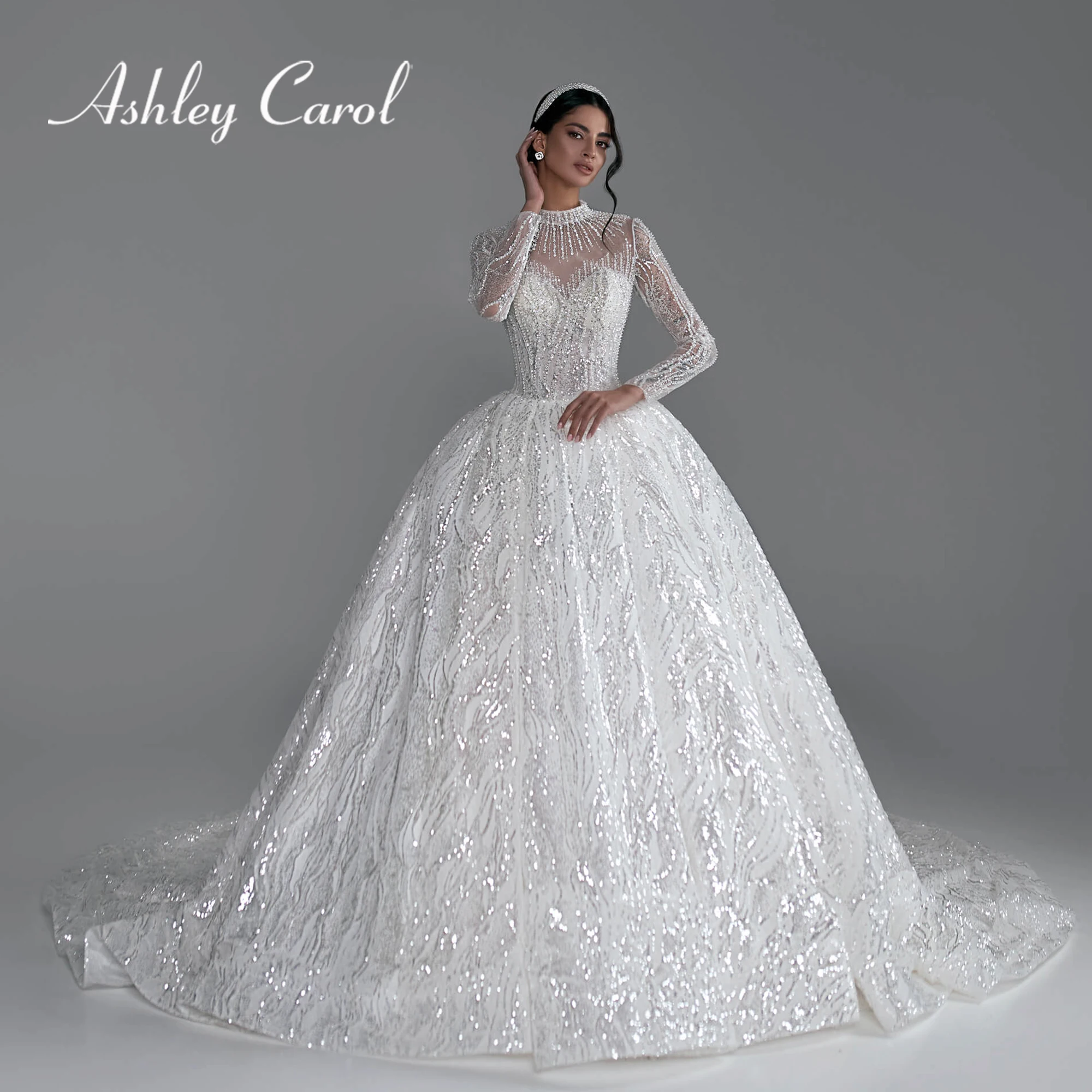 Ashley Carol Ball Gown Long Sleeve Wedding Dresses Sexy Luxury O-Neck Beading Appliques Sequined Wedding Gown Vestidos De Novia