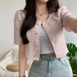 Vintage Shirts Tweed Short Sleeved Coat Tops Women's Single Breasted Pink Plaid Cardigan Beaded Crop Jackets Summer Y2k