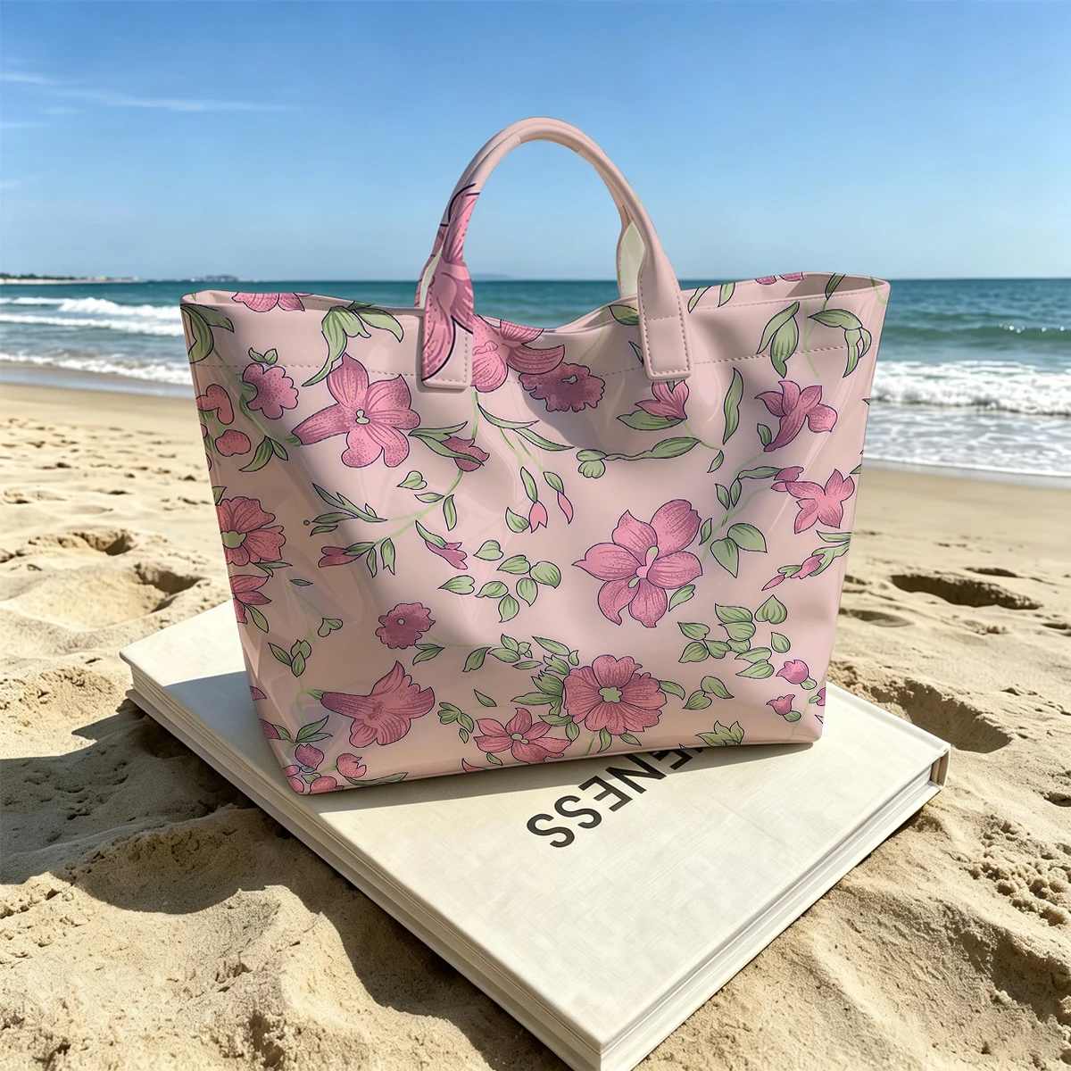 Blush Blossom Stylish Large Glossy PVC Tote Bag Washable Waterproof Durable Ideal for Travel Commute Cosmetics Books Handbags