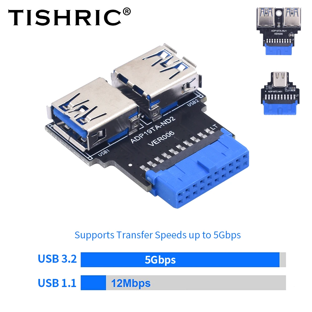 TISHRIC 19-pinowy na podwójne porty żeńskie USB 3.0 w górę/lewy/prawy/typ A żeński konwerter adaptera płyty głównej