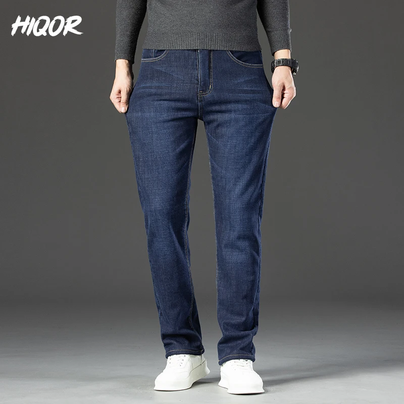 HIQOR Winter New Stretch Straight Pants Man Lamb Fluff Baggy Jeans Business Casual Fleece Soft Denim Trousers Male Big Size 40