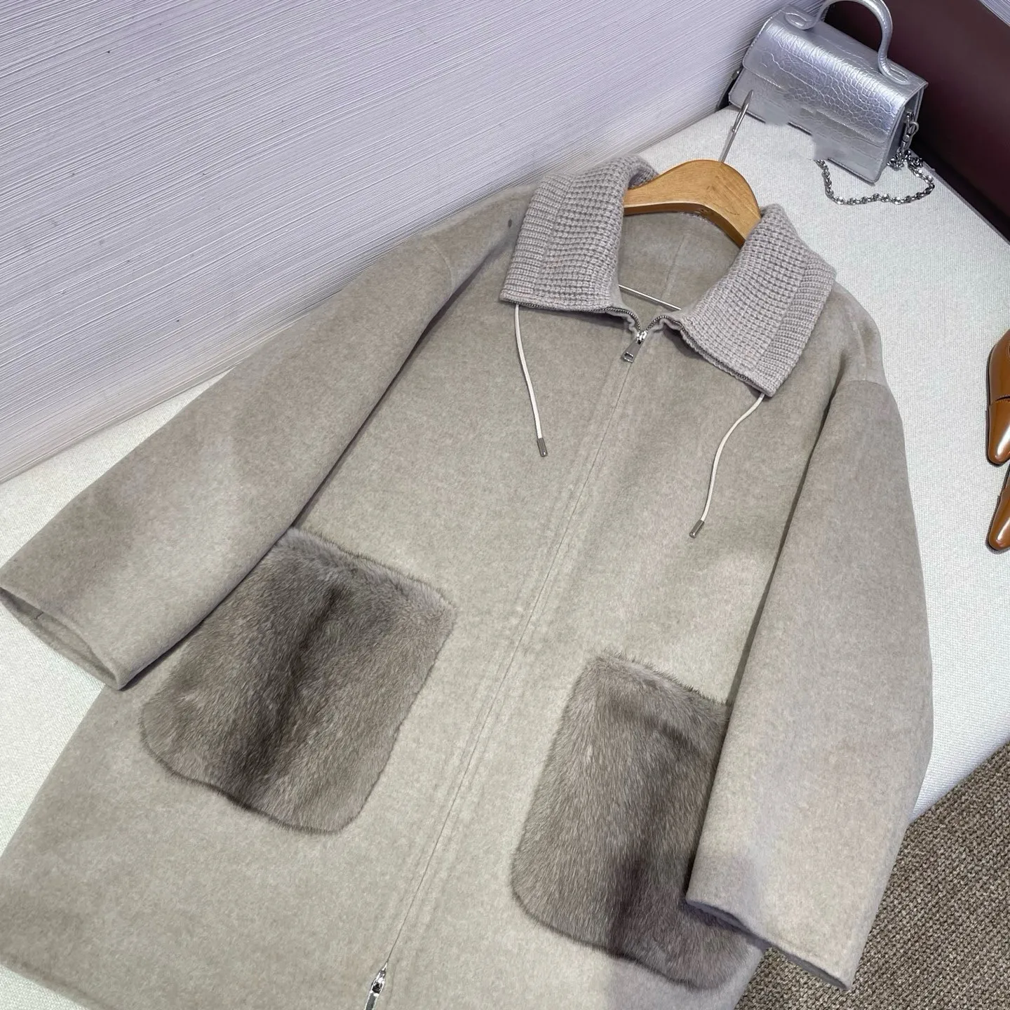 2026 Autumn Winter New Women's High-quality Double-sided Cashmere Pocket Mink Splicing Mid Length Coat
