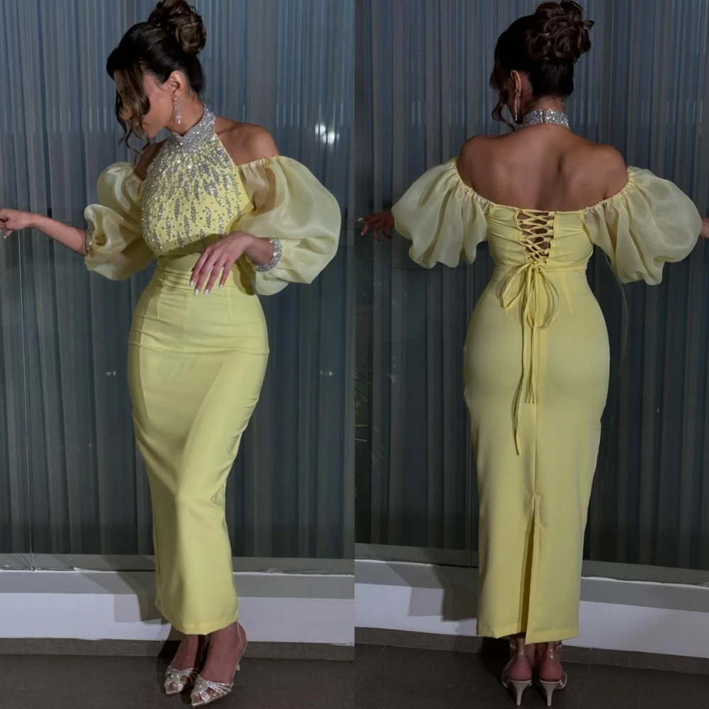 Robe de soirée en Jersey jaune, personnalisée, élégante, col licou, manches courtes, robe de soirée classique, style sirène, dos à lacets, robes de bal