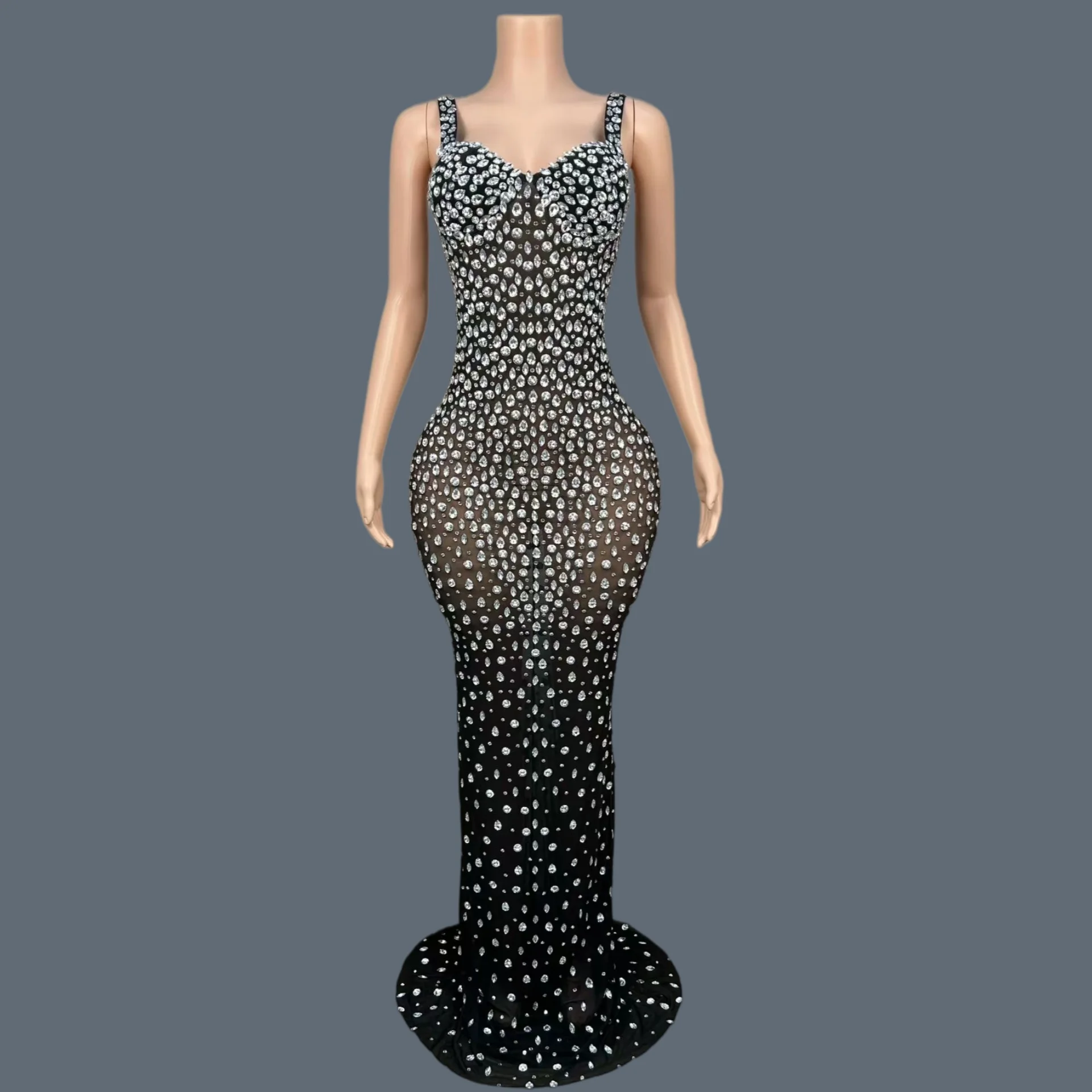 

Sparkly Rhinestone Elegant Black Mesh Evening Gown Birthday Women Cocktail Party Outfit Prom Formal Sexy Long Dress Weiguang