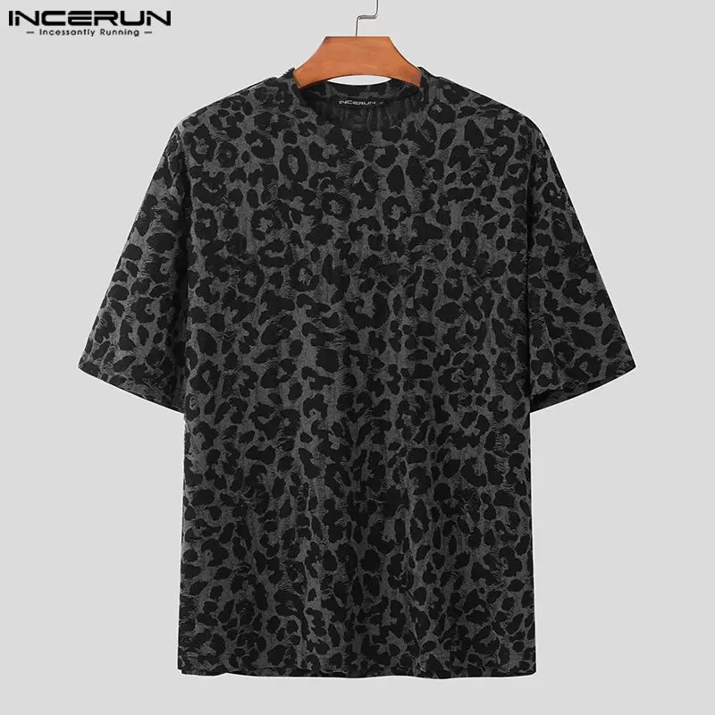 2024 Men\'s T Shirt Leopard Print O-neck Short Sleeve Fashion Men Clothing Streetwear Loose Summer Loose Casual Camisetas INCERUN