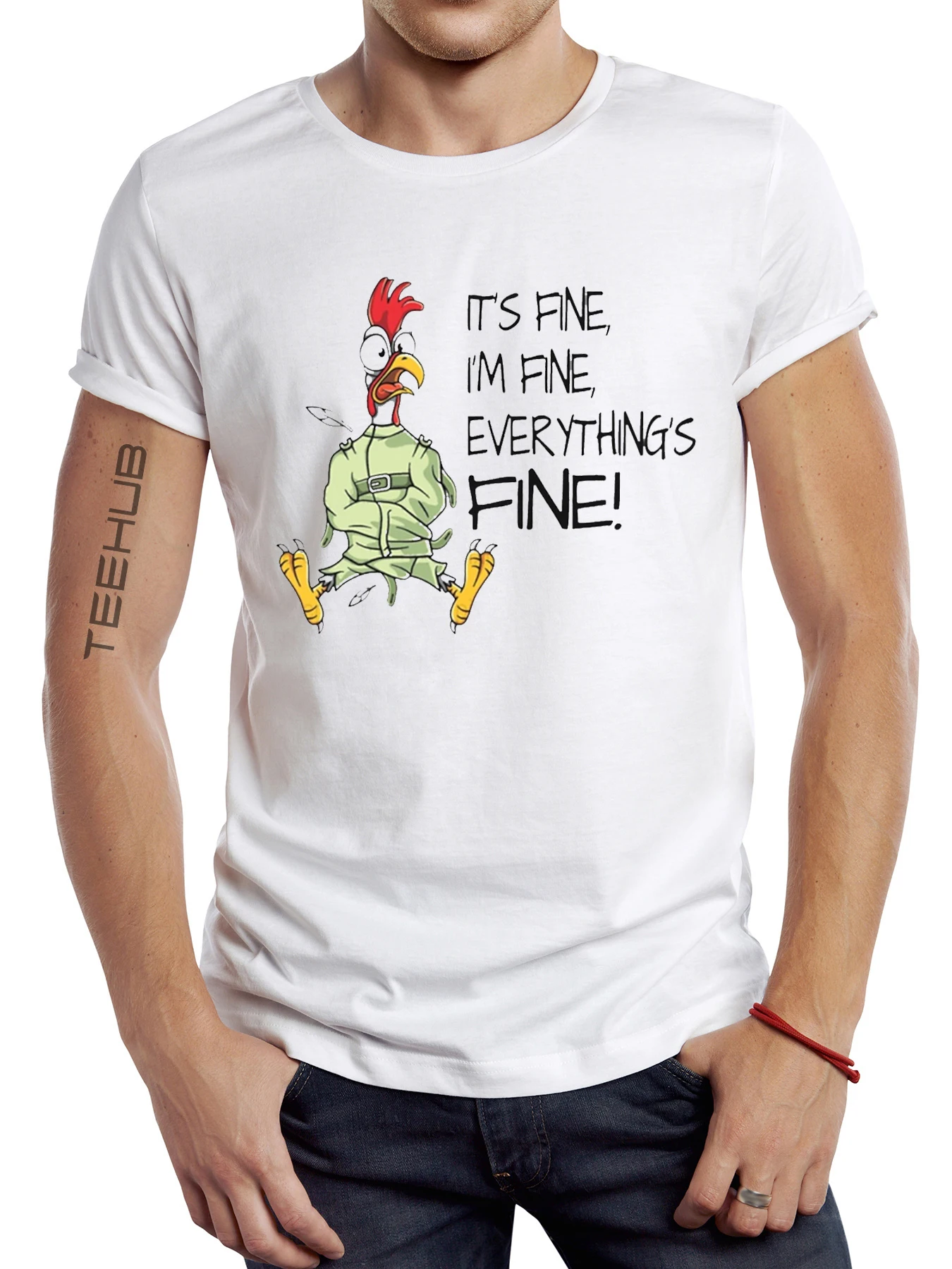 

FPACE Funny Chicken Printed T-Shirt Men's Short Sleeve Retro Letters Printing T-Shirt Casual Oversize Women Tops