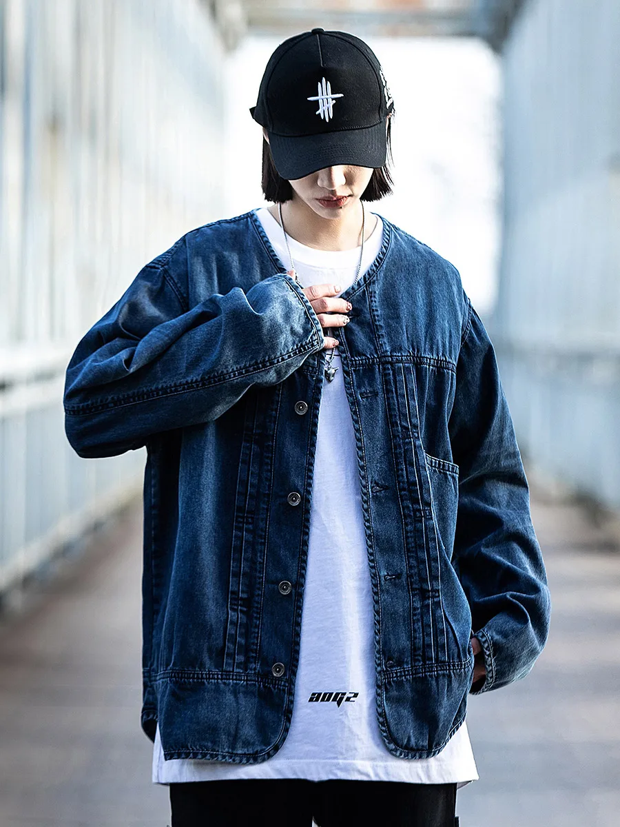 Xiaobin Retro Japanese Style Washed Denim Jacket Slim Fit Lightweight No Collar Spring Autumn Season Couple's Workwear Top