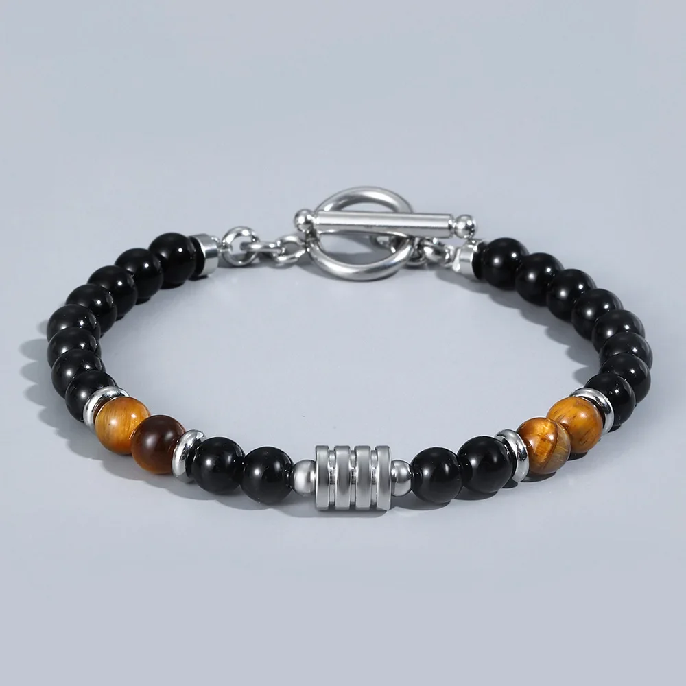 6mm Trendy Vintage Stainless Steel OT Clasp Tiger Eye Bracelet for Men Hip Hot Strand Stone Beaded Bracelet Men Jewelry LYC-01